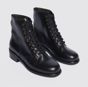 Sandro  Paris Black Leather Combat Lace Up  Boots  With gold Eyelet Size 39- 8.5